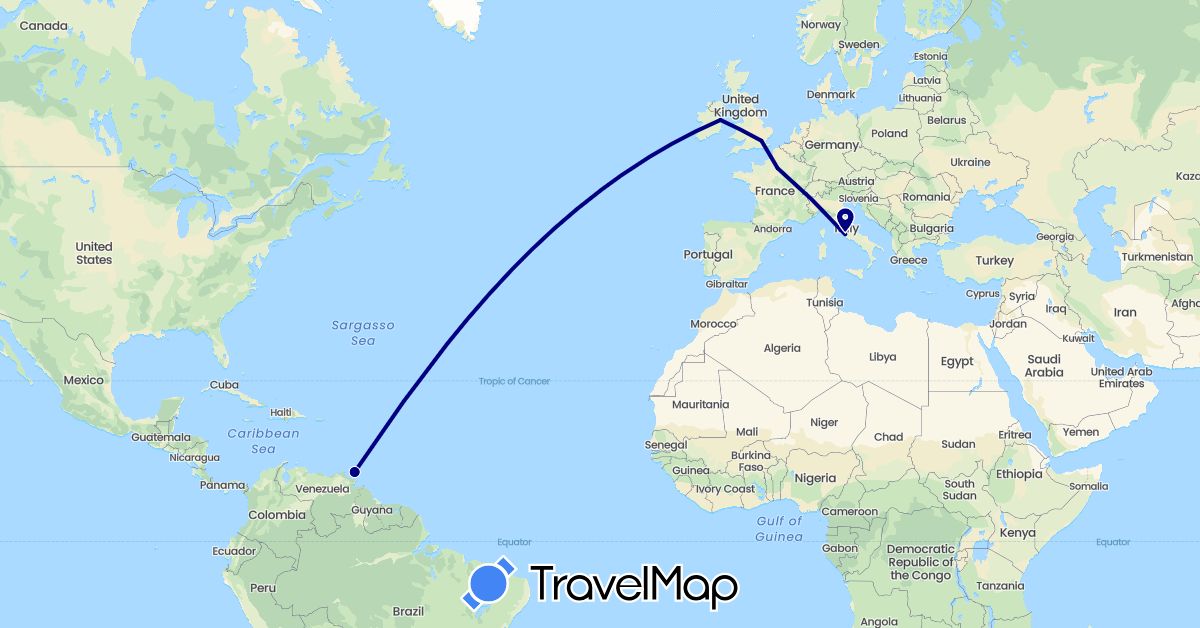 TravelMap itinerary: driving in France, United Kingdom, Ireland, Italy, Trinidad and Tobago (Europe, North America)